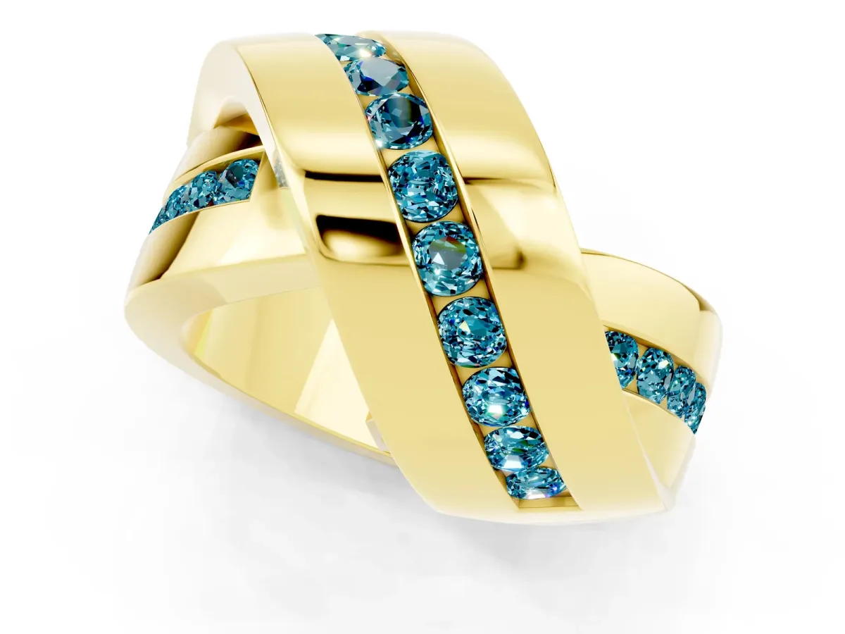Pavé Round Blue Topaz Crossover Band with Channel Setting Yellow gold