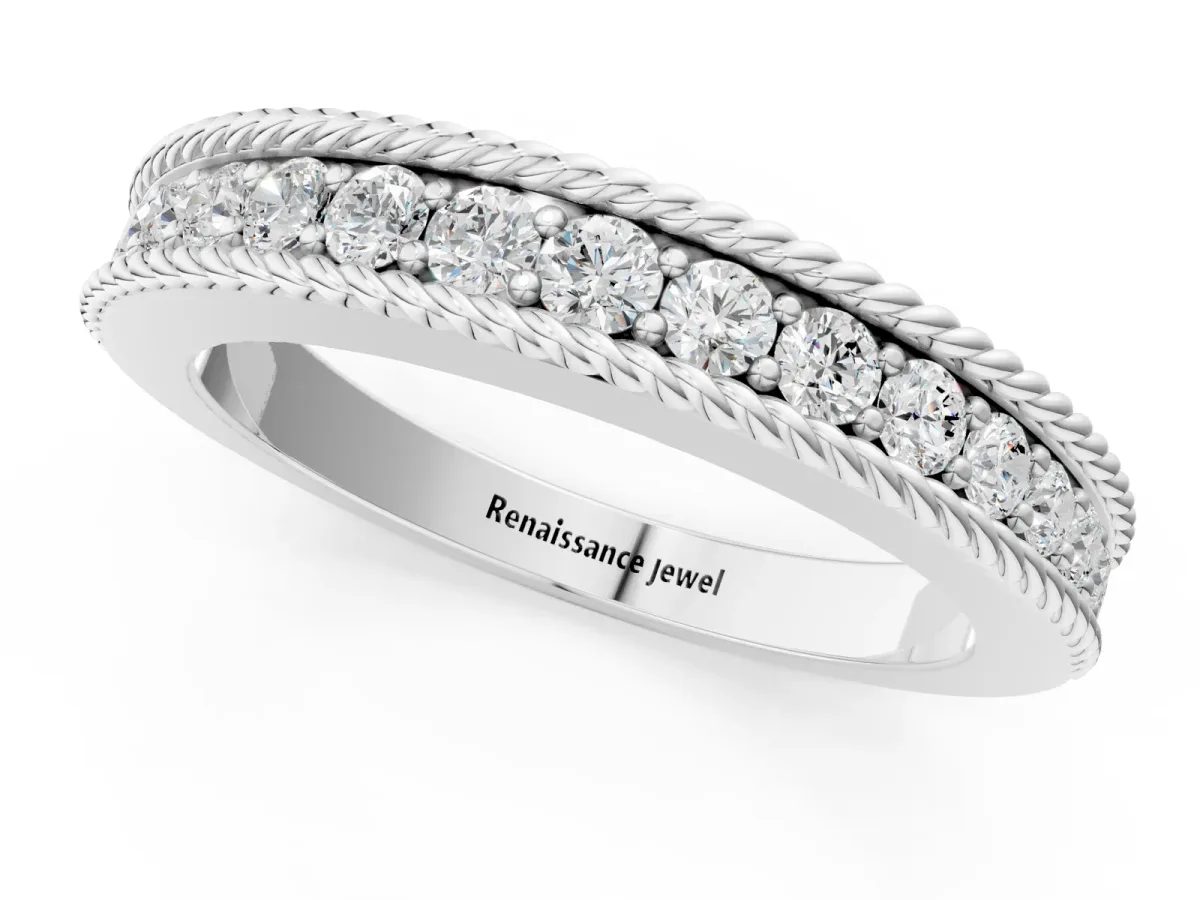 Channel Set Round Diamond Milgrain Edge Band Silver
