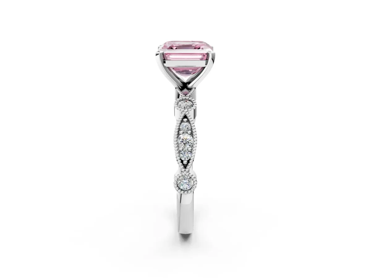 Fancy Pink Asscher Cut Milgrain Bezel Diamond Engagement Ring with Solitaire Prong Setting Platinum