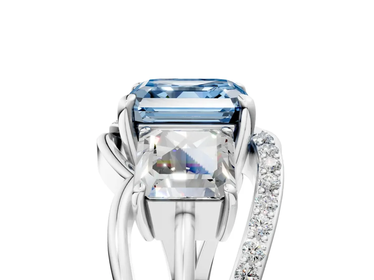 Fancy Blue Three-Stone Asscher Cut Cut Diamond Split Shank Prong Set Ring Platinum