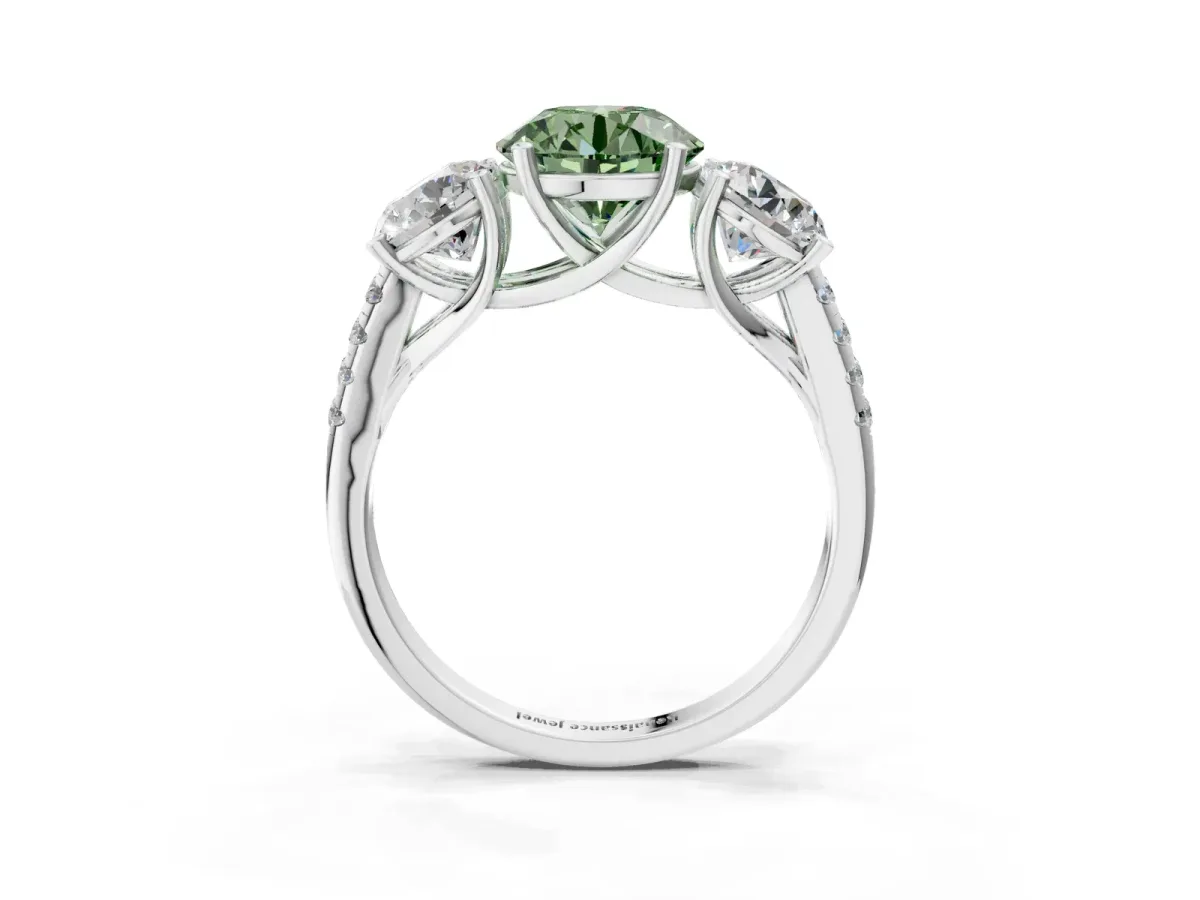Fancy Green Three-Stone Round Cut Diamond Ring with Round Pavé Band and Prong Setting Silver