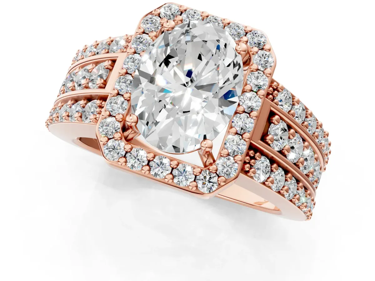 Oval Cut Halo Diamond Ring with Round Split Shank and Prong Setting Rose gold