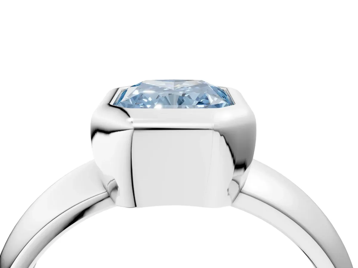 Fancy Blue Bezel Set Radiant Cut Solitaire Ring with Wide Band Platinum