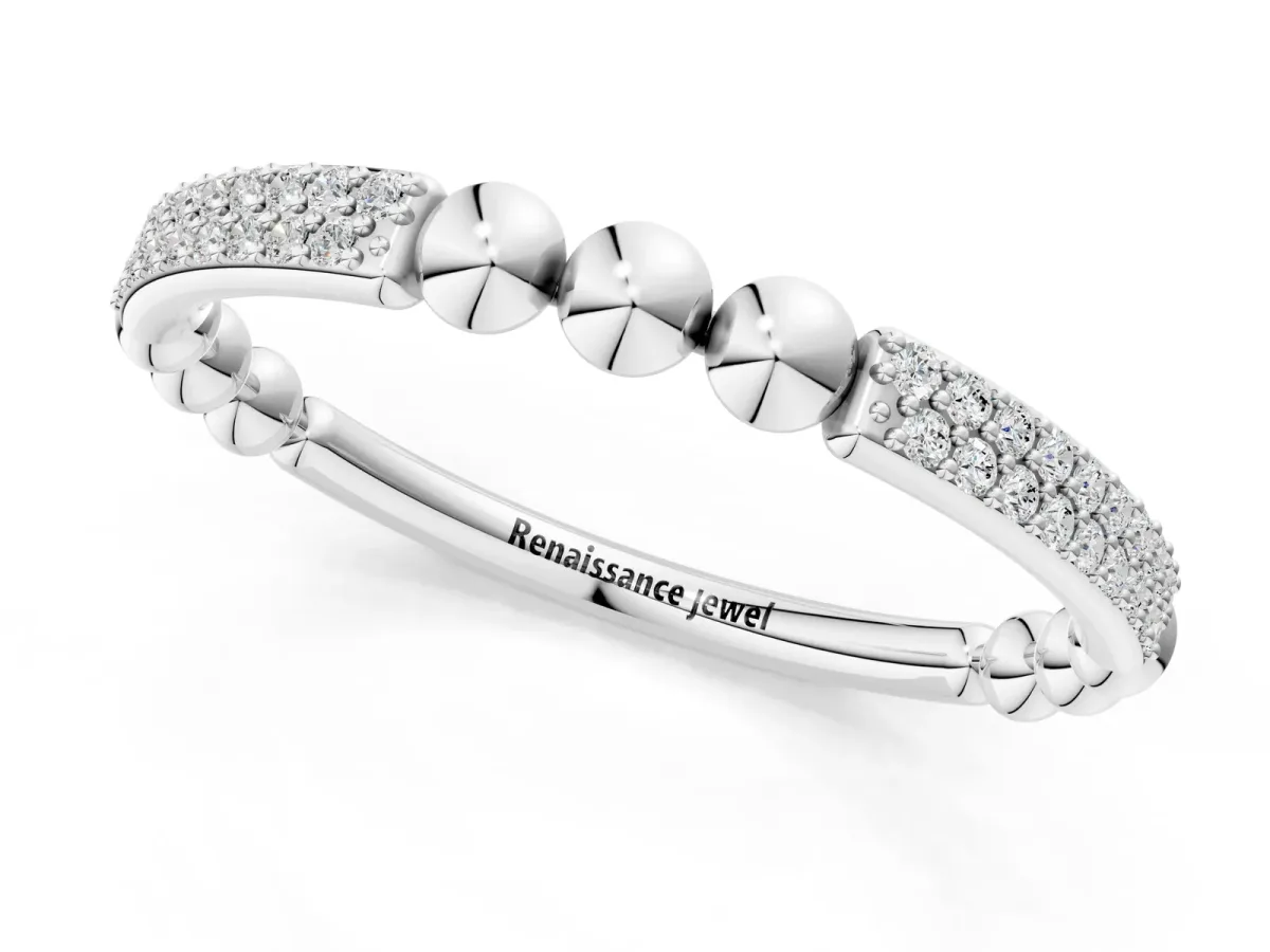 Pave Round Diamond Beaded Band with Shared Prong Setting Silver