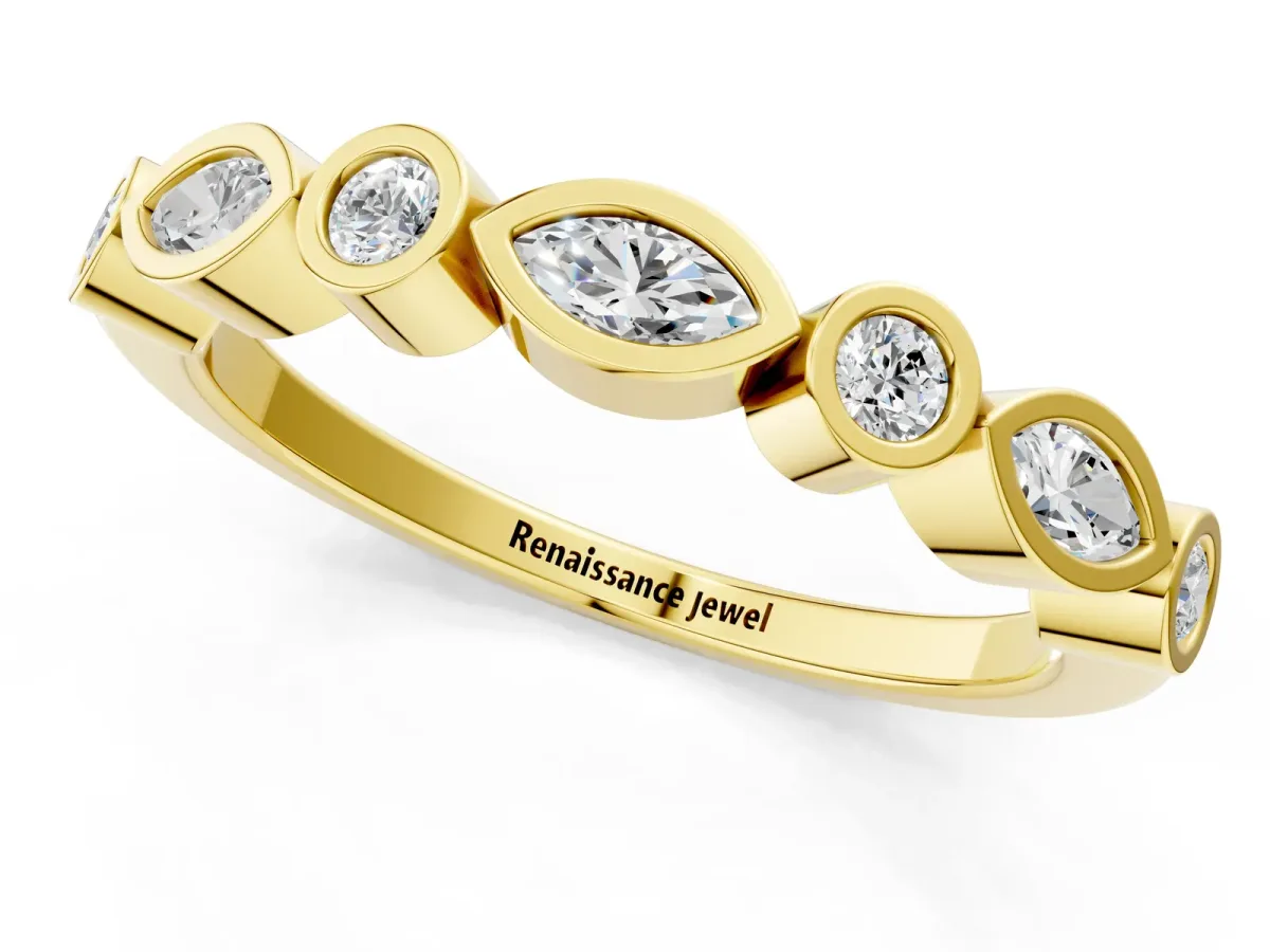 Bezel Set Marquise and Round Diamond Stackable Band Yellow gold