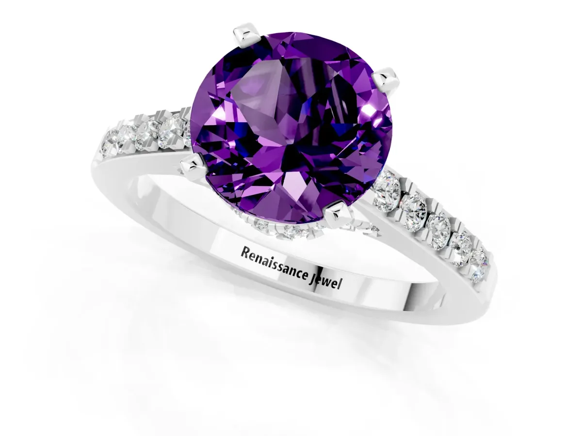 Round Cut Amethyst Solitaire Ring with Crossover Gallery and Round Pavé Band Silver