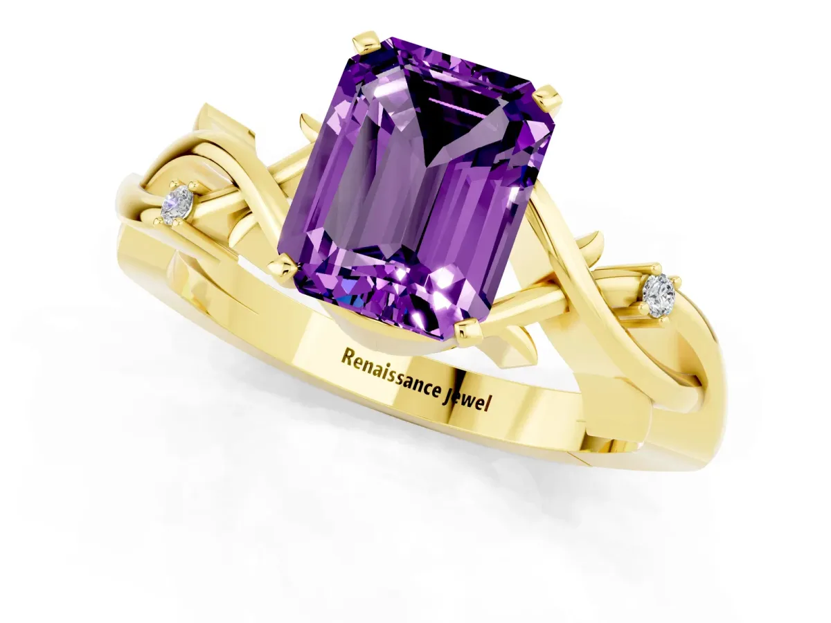 Emerald Cut Amethyst Solitaire Ring with Twisted Band and Prong Setting Yellow gold