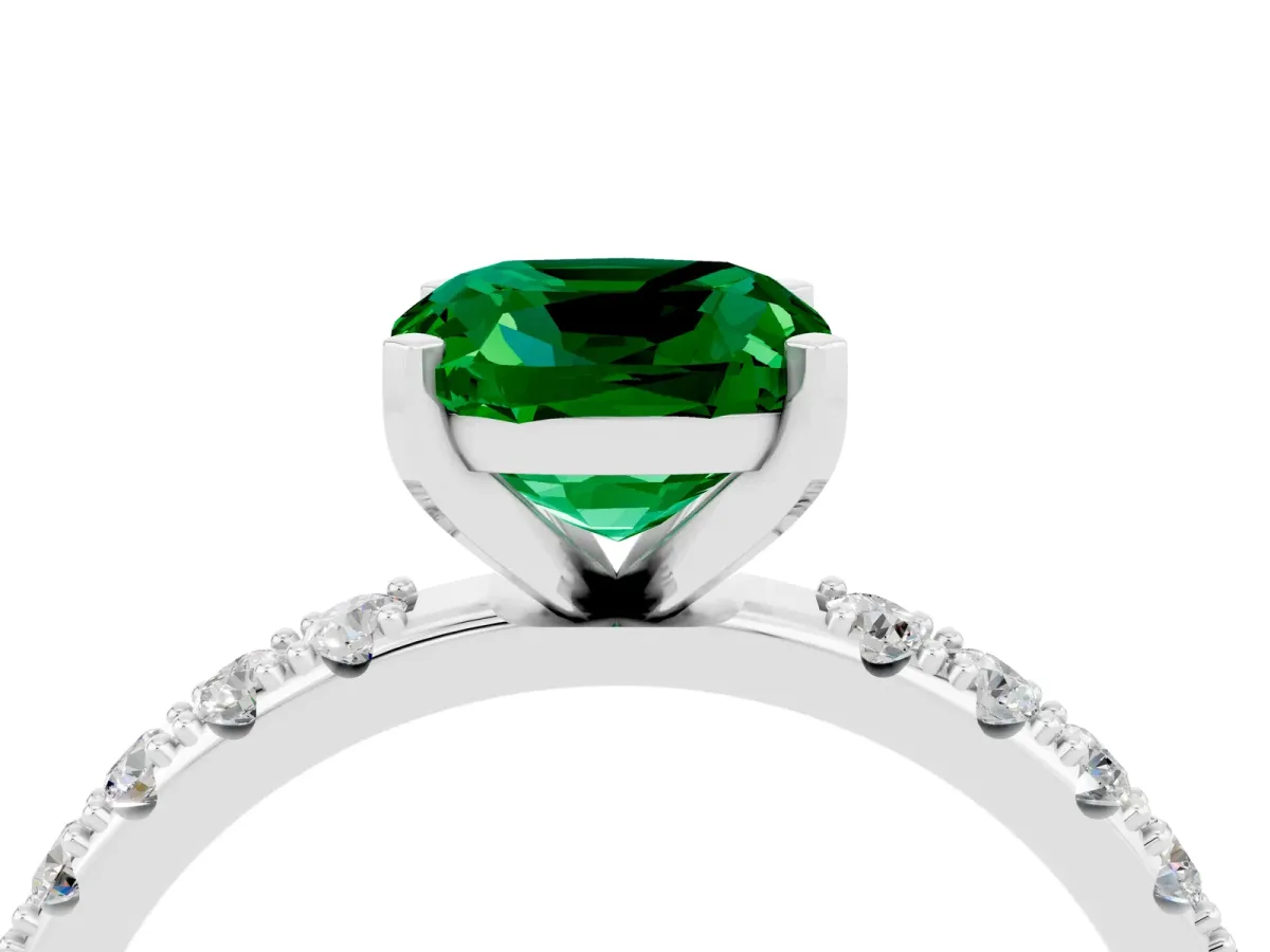 Cushion Cut Emerald Solitaire Pavé Band with Four-Prong Setting White gold