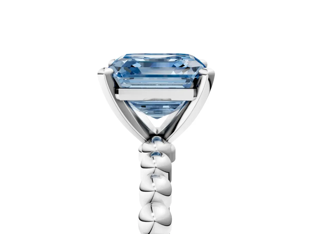 Fancy Blue Asscher Cut Diamond Solitaire Ring with Beaded Band and Prong Setting Silver