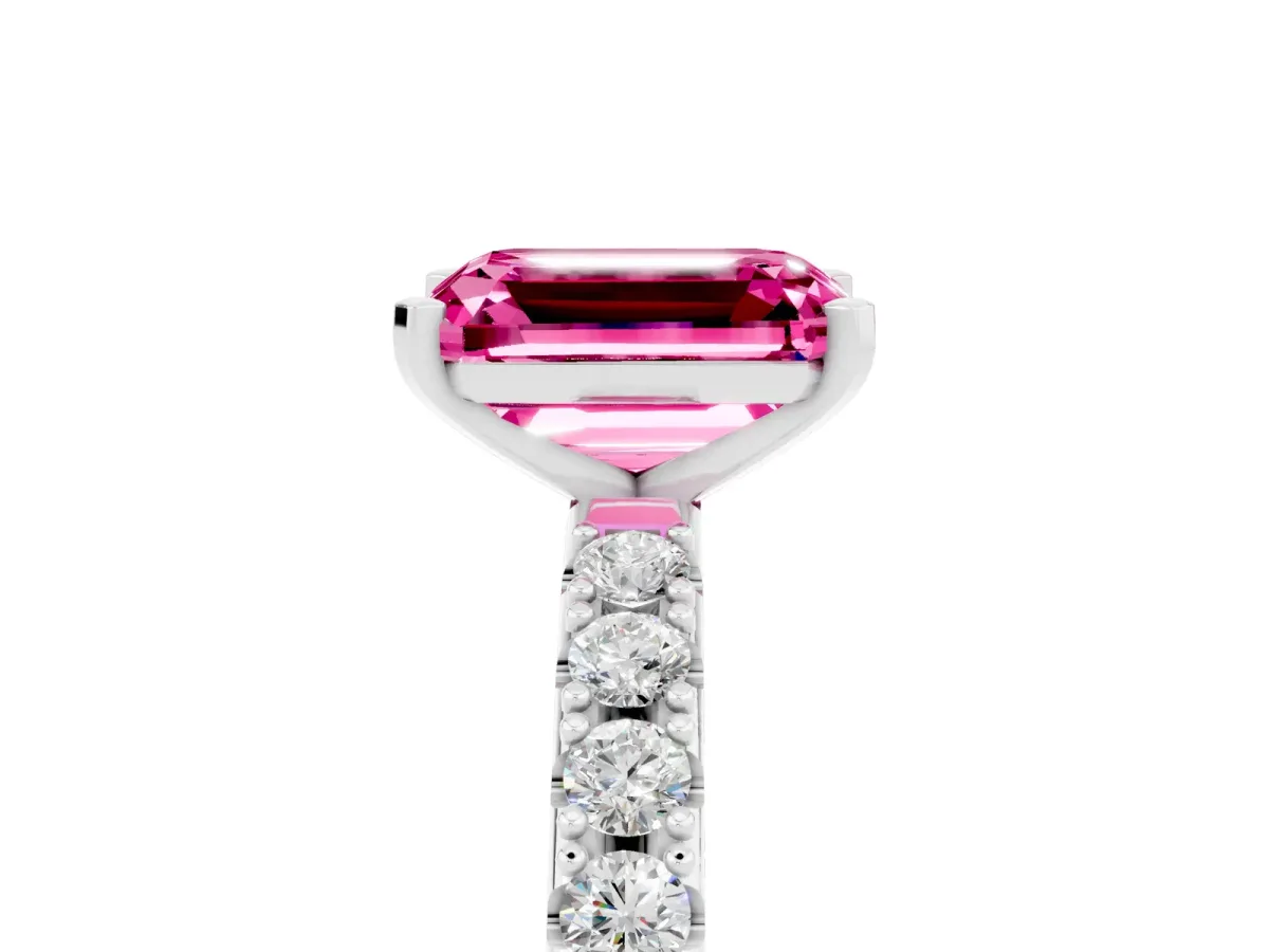 Emerald Cut Pink Sapphire Solitaire Pavé Band with Four-Prong Setting Silver