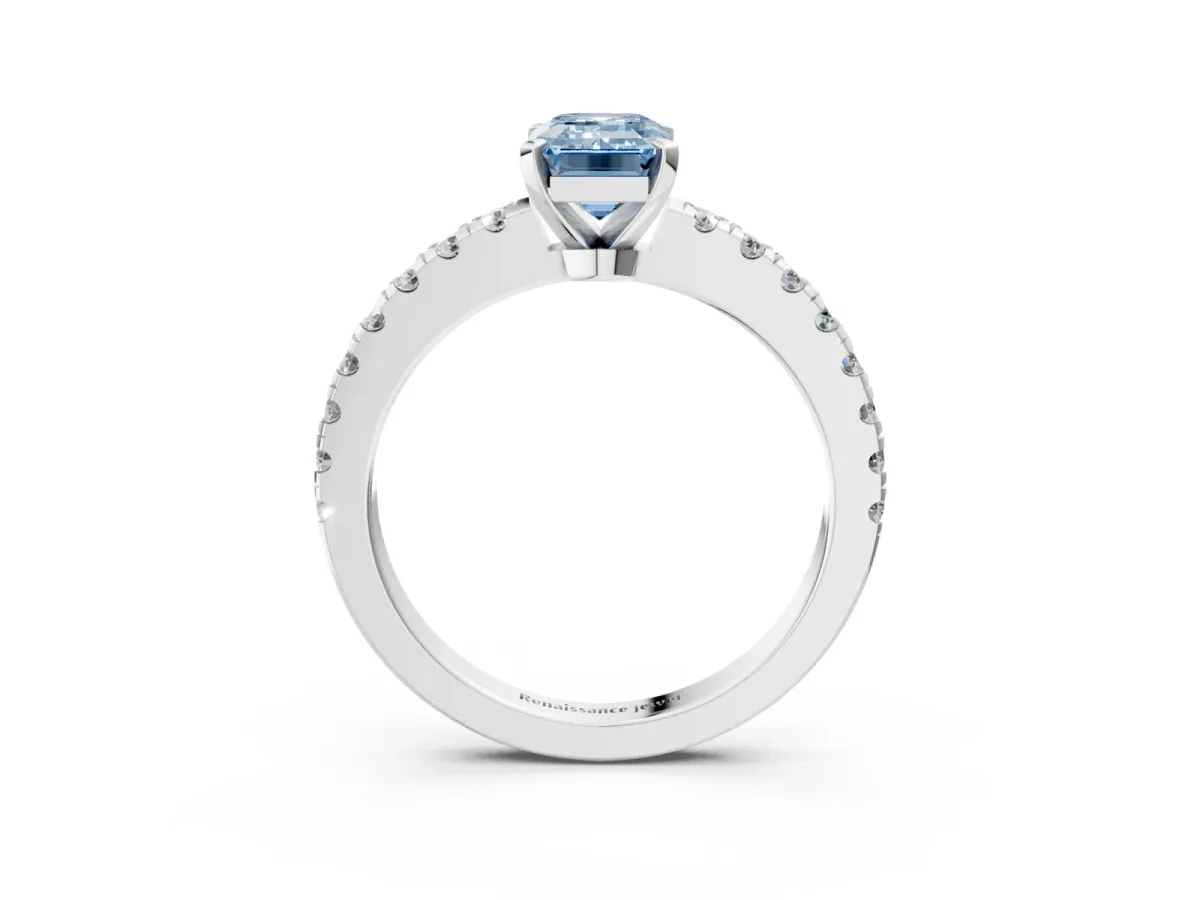 Fancy Blue Emerald Cut Solitaire Diamond with Pavé Band and Four-Prong Setting Silver