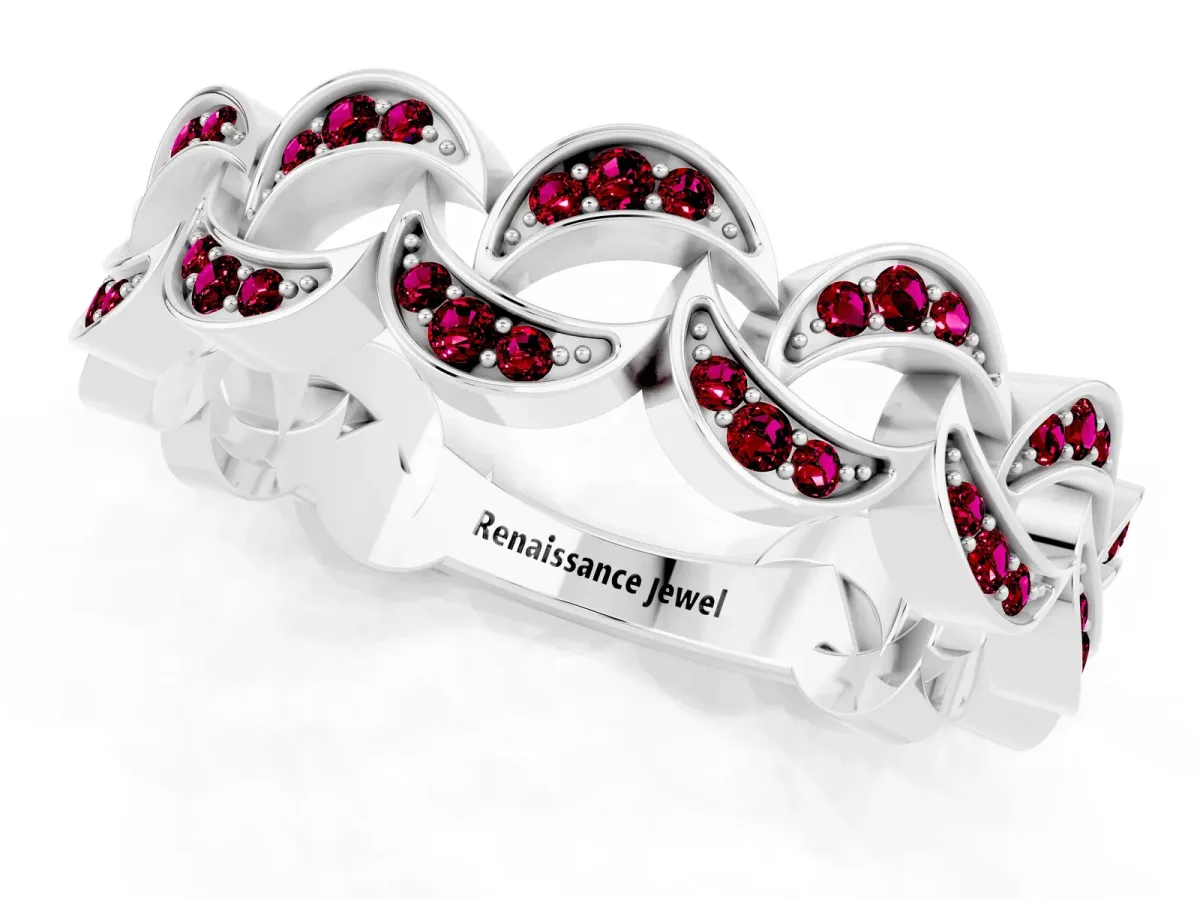 Pavé Round Garnet Interlocking Eternity Band with Bezel Prong Setting White gold