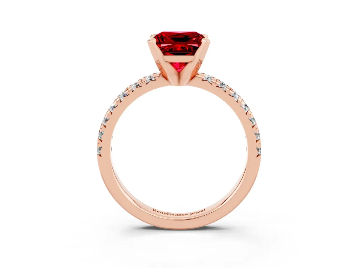Princess Cut Ruby Solitaire Pavé Engagement Ring with Round Band and Prong Setting Rose gold