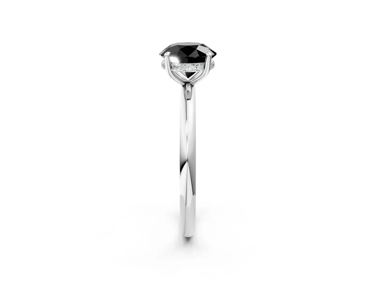 Fancy Black Round Cut Diamond Solitaire Ring with Thin Band and Four-Prong Setting Silver