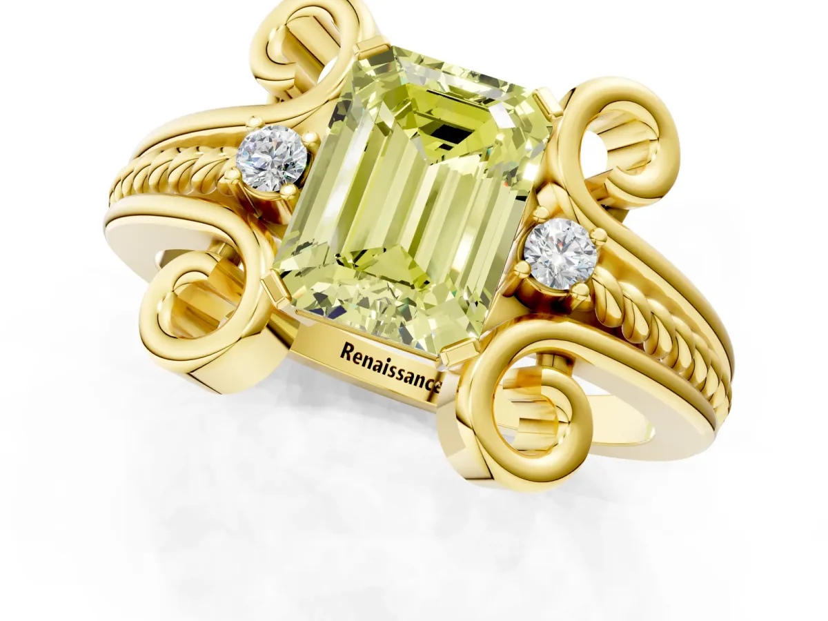 Fancy Yellow Emerald Cut Solitaire Twisted Band Scroll Prong Ring Yellow gold