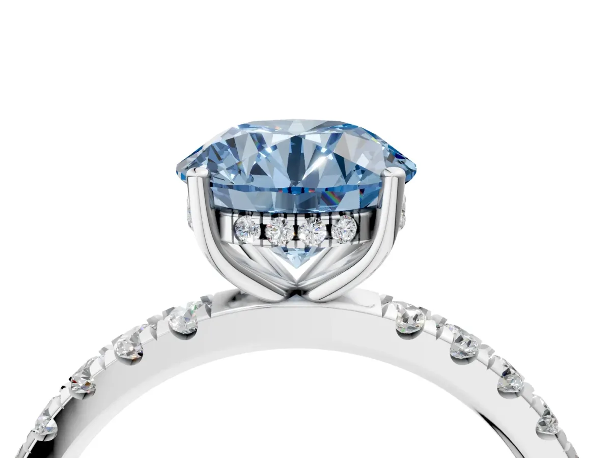 Fancy Blue Round Cut Diamond Pave Band Solitaire Ring with Round and Prong Setting Platinum