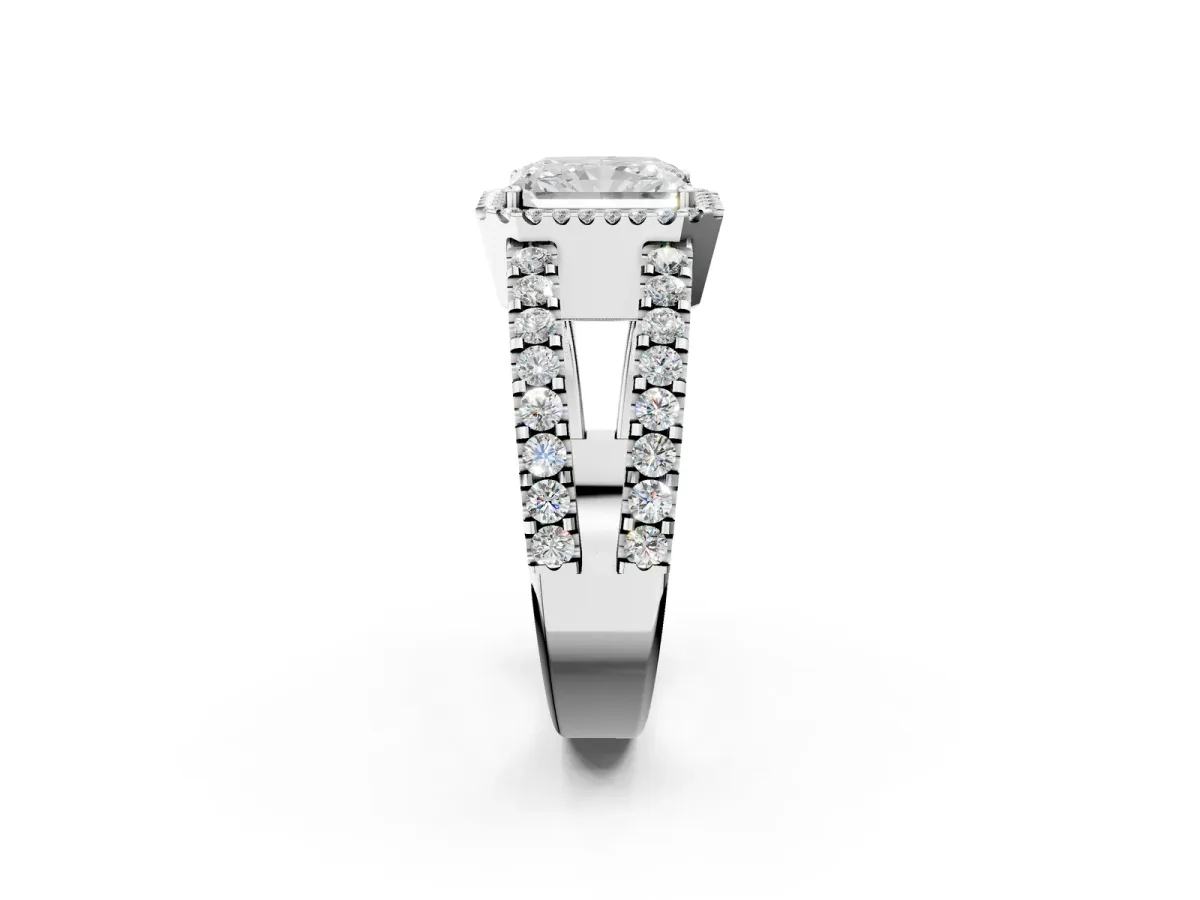 Radiant Cut Cut Halo Split Shank Diamond Ring with Four-Prong Setting Platinum