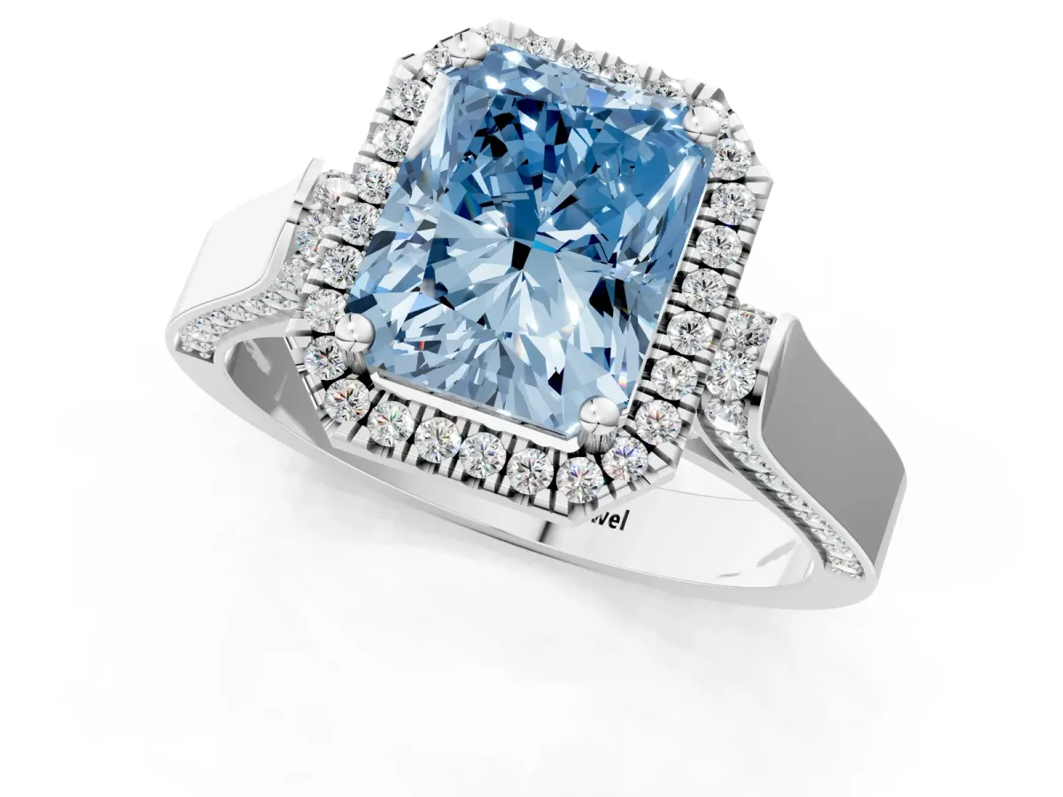 Fancy Blue Radiant Cut Halo Pave Split Shank Prong Setting Ring Platinum