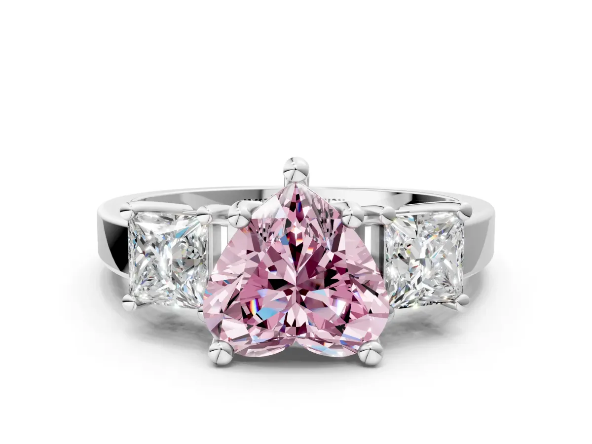 Fancy Pink Three-Stone Heart Cut Cut Solitaire Ring with Prong Setting Platinum