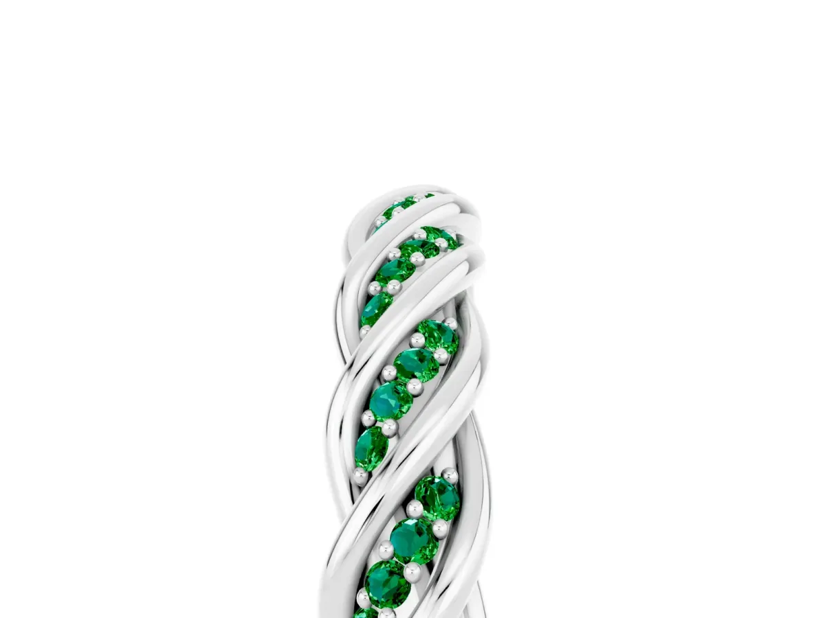 Twisted Pavé Round Emerald Eternity Band with Shared Prong Setting Silver