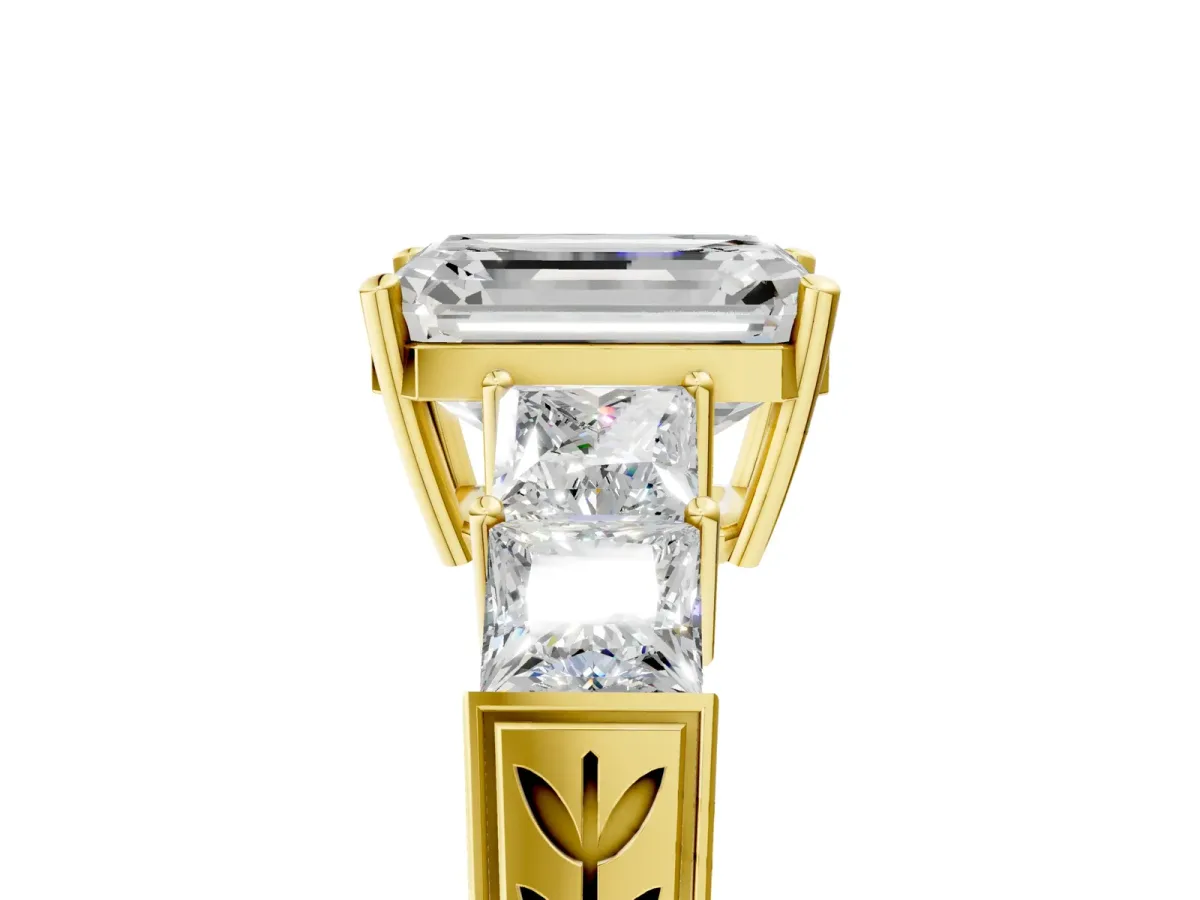 Emerald Cut Solitaire Princess Side Stone Engraved Band Prong Setting Ring Yellow gold