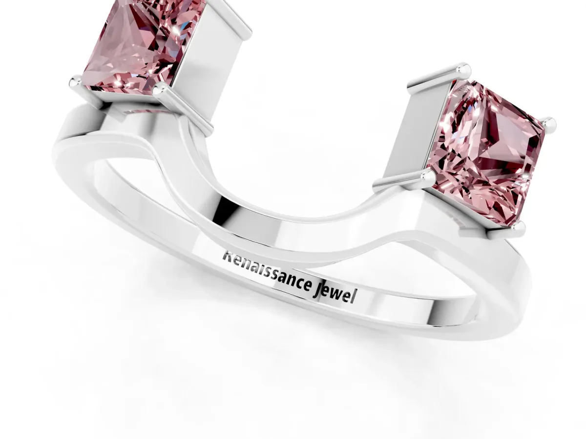Princess Cut Morganite Two-Stone Open Band Ring with Four-Prong Setting Silver