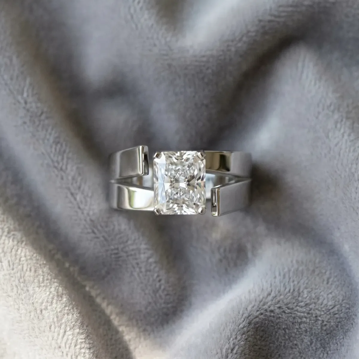 Modern Tension Set Radiant Cut Diamond Solitaire Wide Band Ring Silver