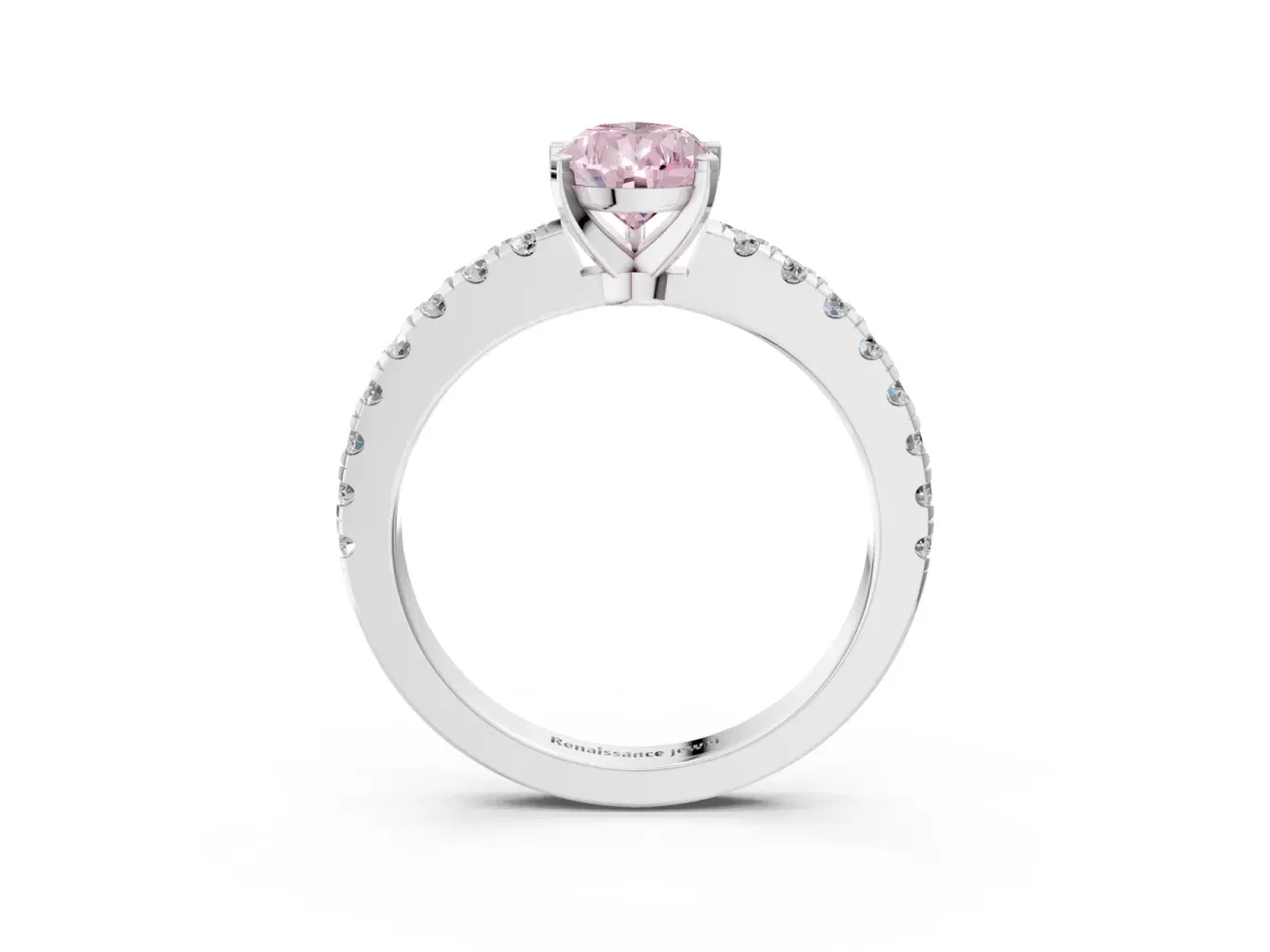 Fancy Pink Pear Cut Solitaire Diamond with Pavé Band and Four-Prong Setting Silver