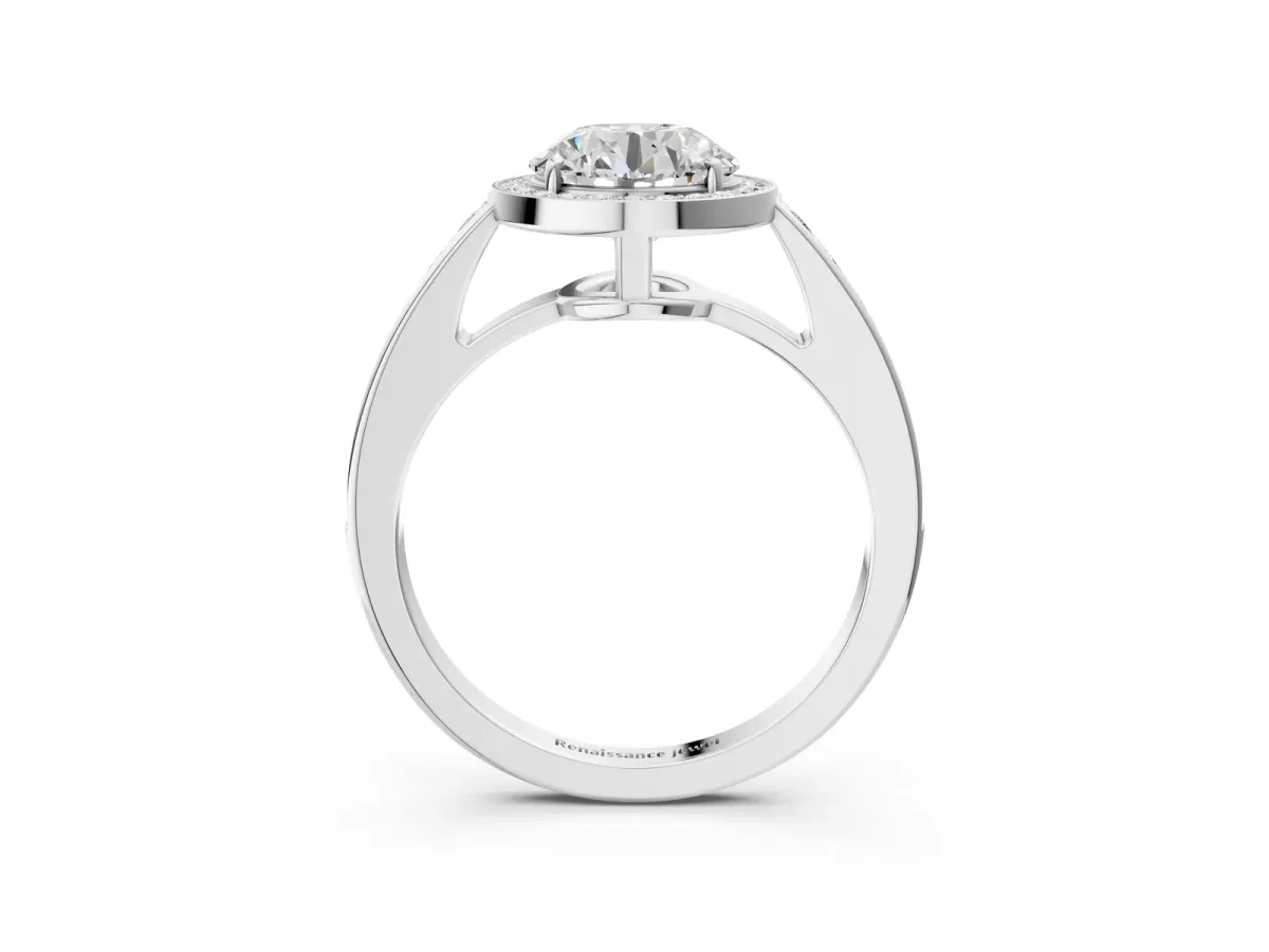 Round Cut Halo Pavé Diamond Engagement Ring with Bezel Setting Platinum