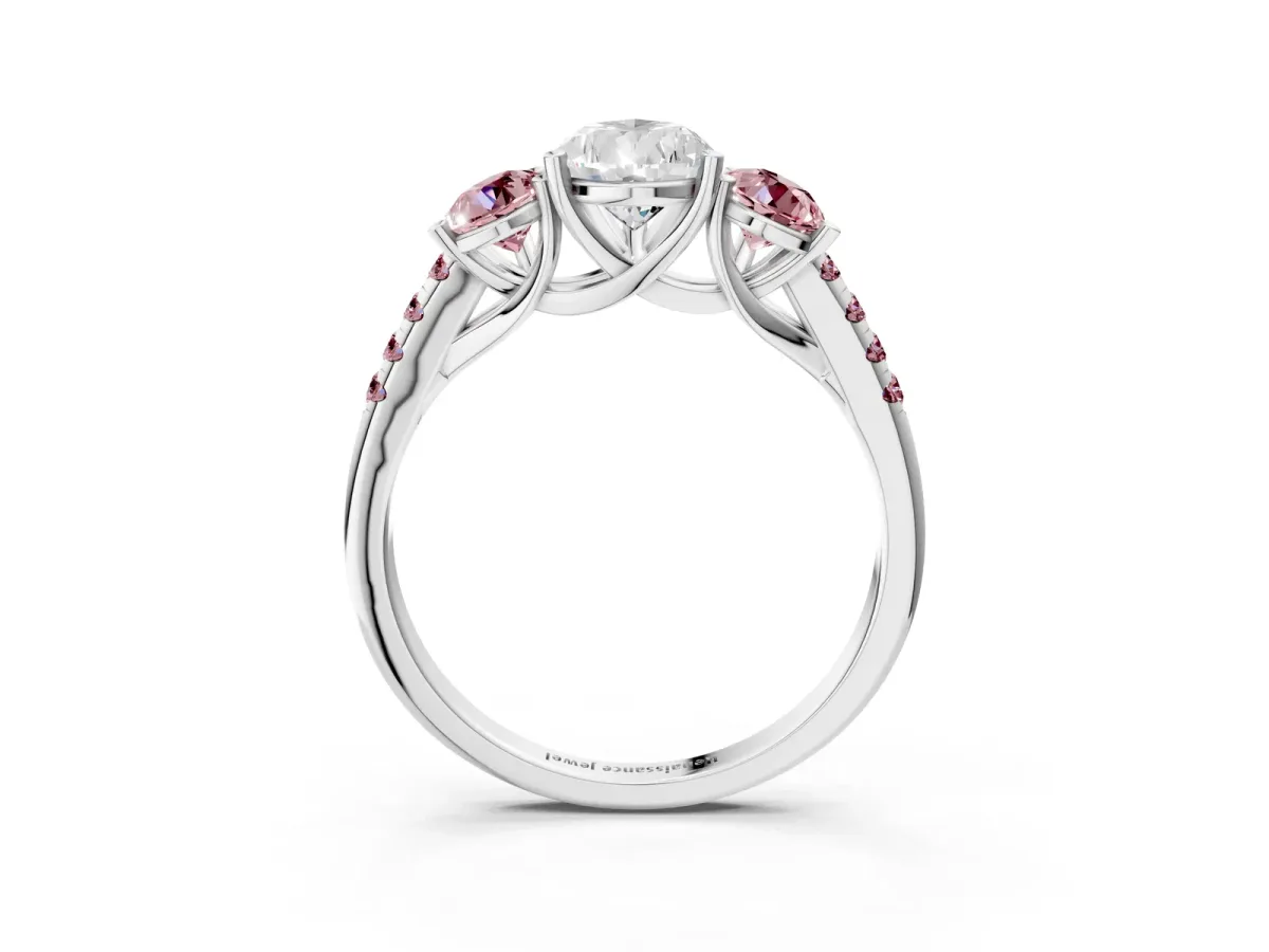 Three-Stone Pear Cut Diamond Ring with Round Morganite Pavé Band and Prong Setting Platinum