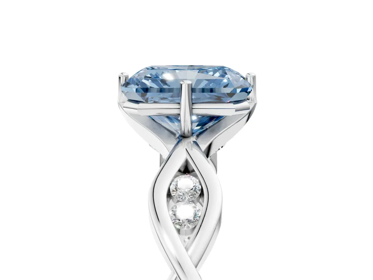 Fancy Blue Radiant Cut Solitaire Twist Band with Leaf Prong Setting Platinum