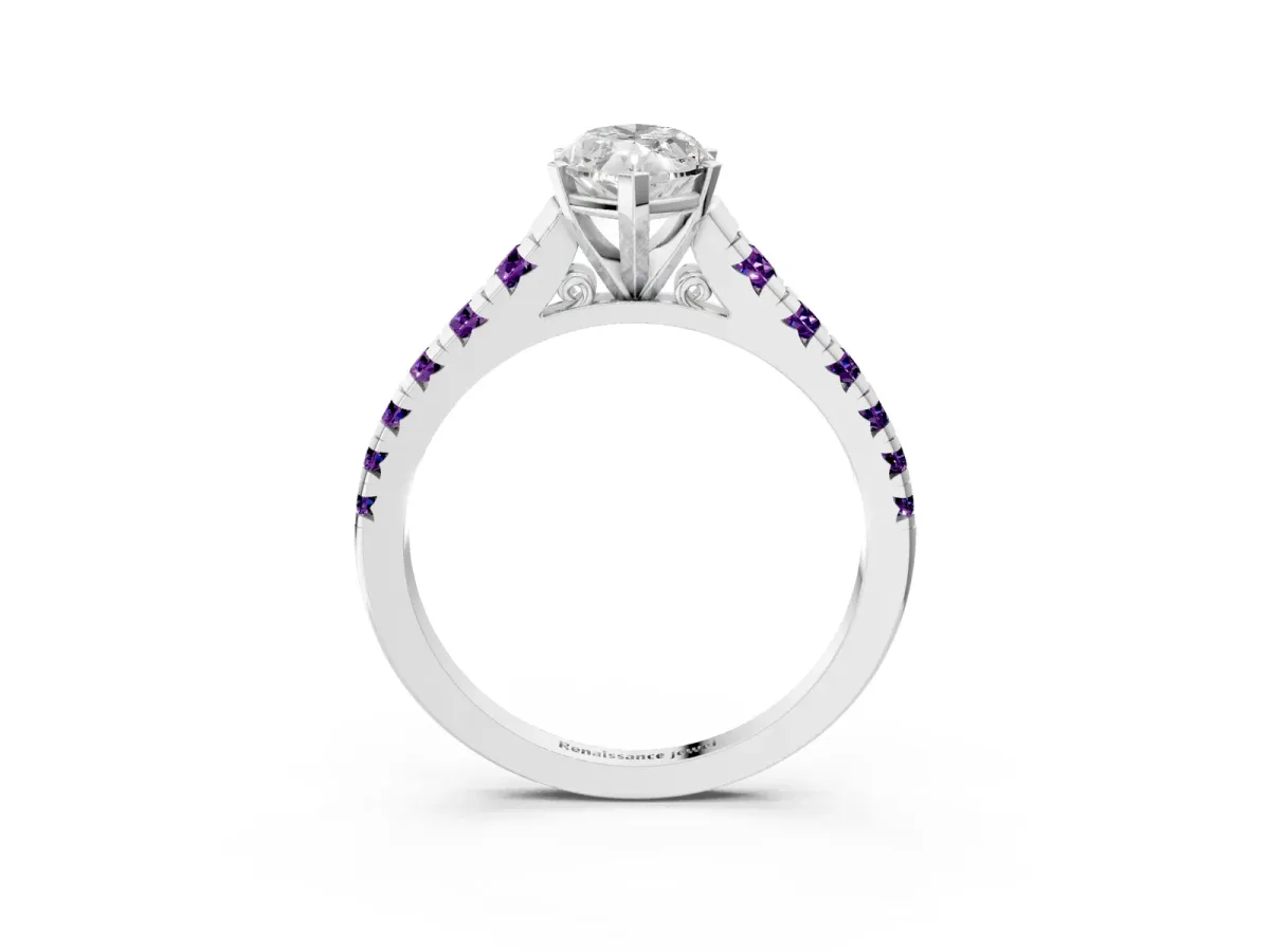 Marquise Cut Diamond Cathedral Solitaire Ring with Round Amethyst Pavé Band Silver