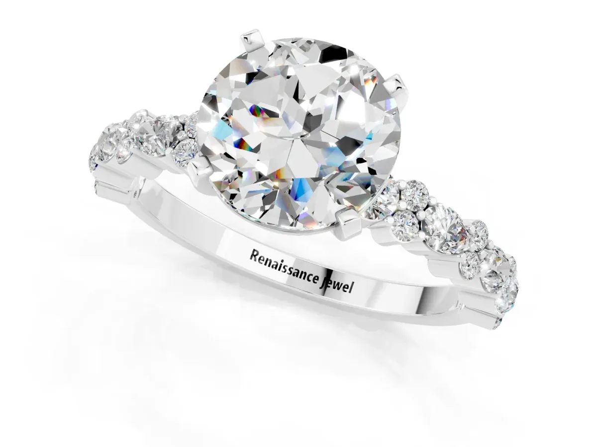 Round Cut Moissanite Side Stone Solitaire Ring with Round and Four-Prong Setting White gold