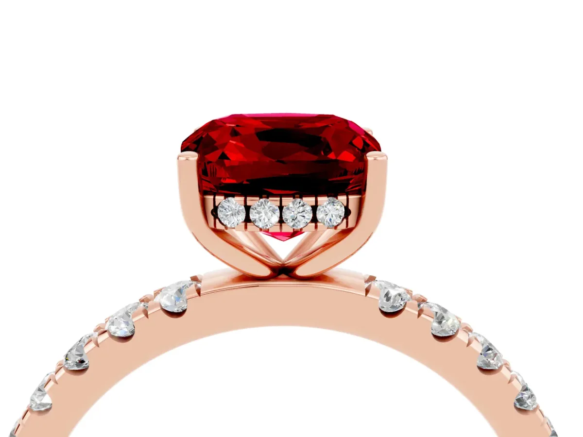 Cushion Cut Ruby Pave Band Solitaire Ring with Round and Prong Setting Rose gold