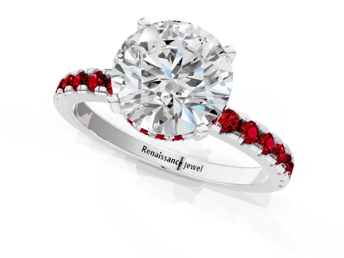 Round Cut Diamond Solitaire Ring with Round Ruby Pavé Band and Four-Prong Setting Silver