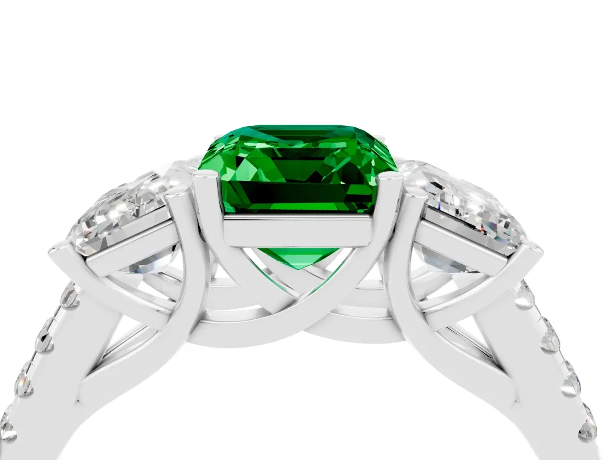 Three-Stone Emerald Cut Emerald Ring with Round Pavé Band and Prong Setting White gold