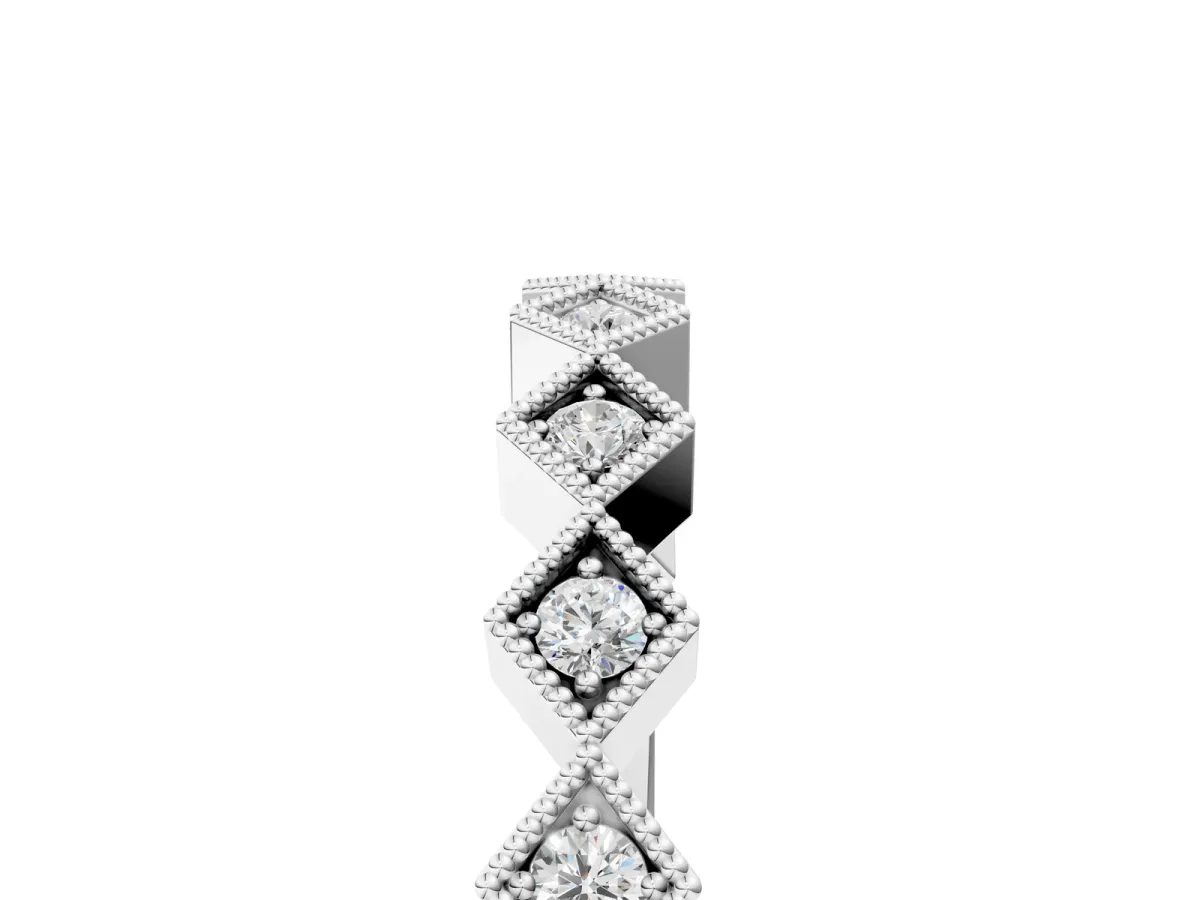 Milgrain Diamond Geometric Stackable Band with Round Cut Stones and Bezel Setting White gold