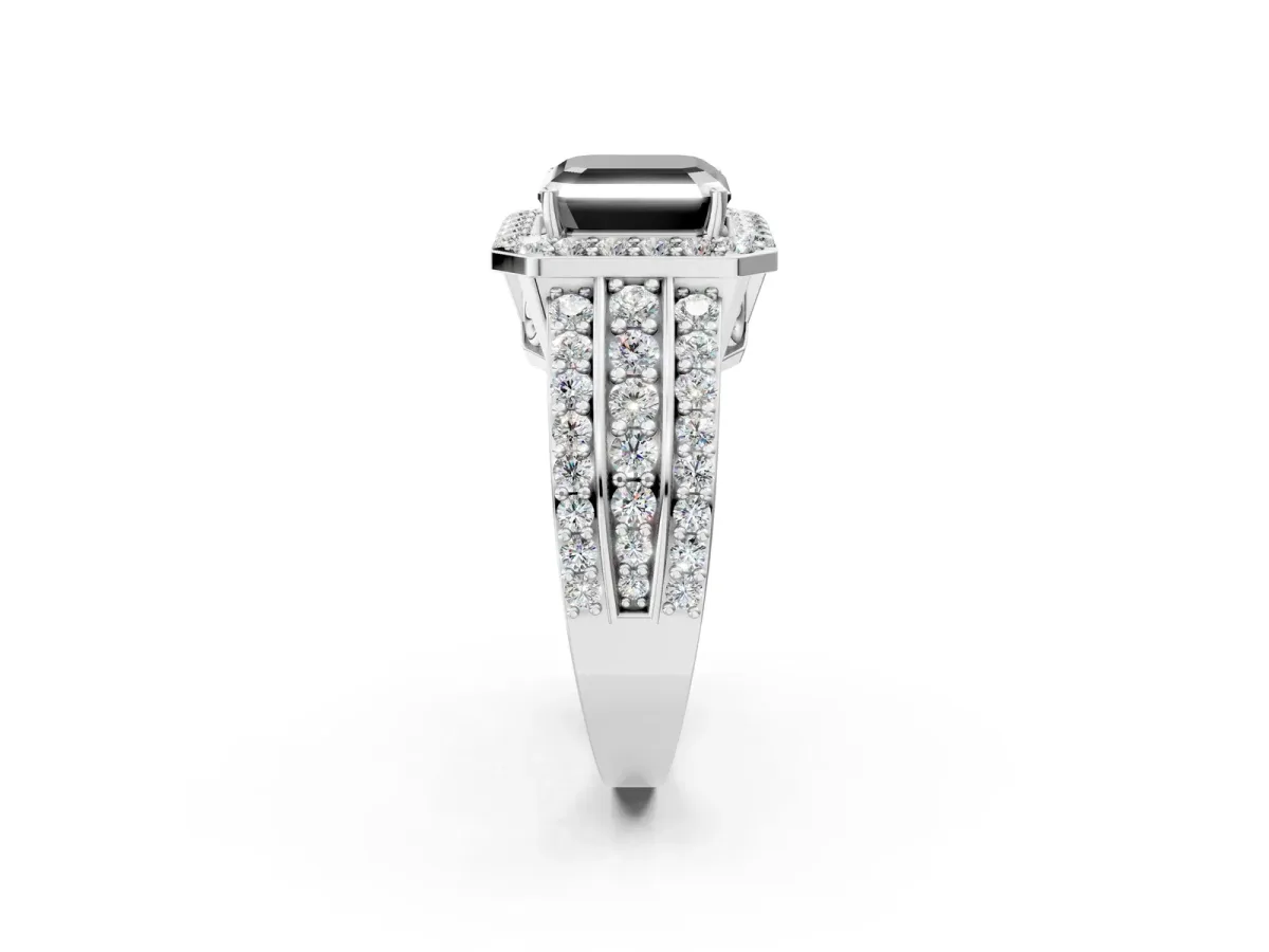 Fancy Black Asscher Cut Halo Diamond Ring with Round Split Shank and Prong Setting White gold