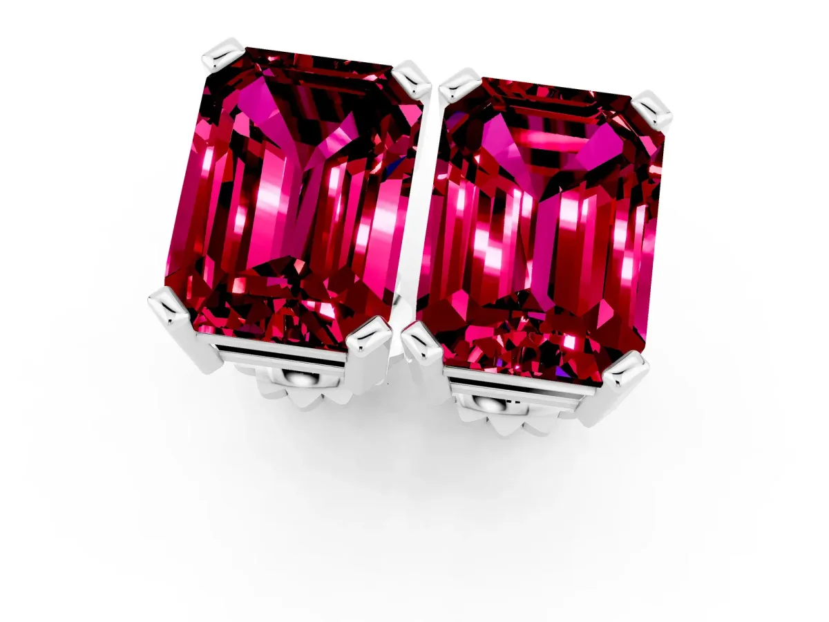 Emerald Cut Garnet Stud Earrings Silver