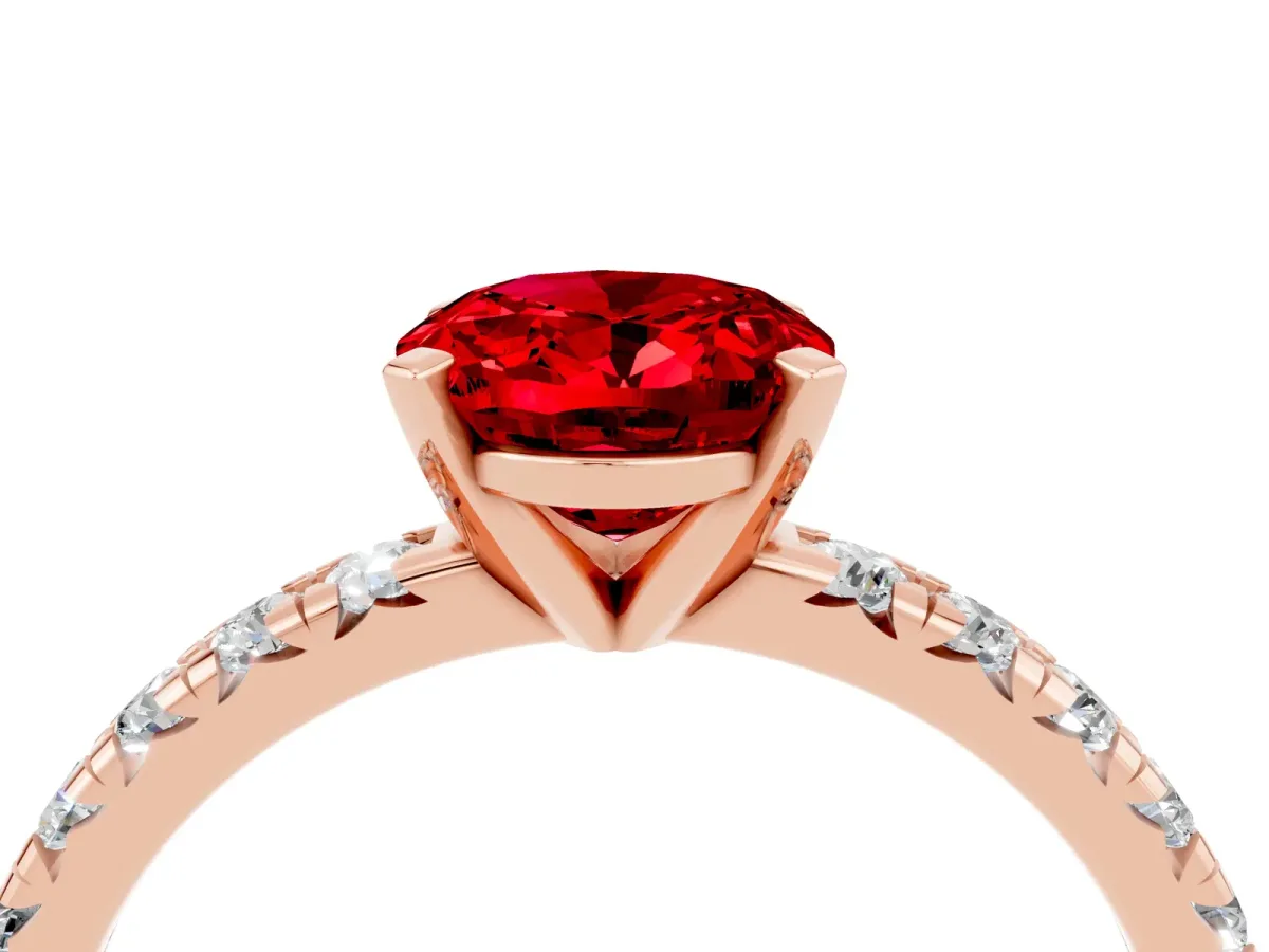 Oval Cut Ruby Solitaire Pavé Engagement Ring with Round Band and Prong Setting Rose gold
