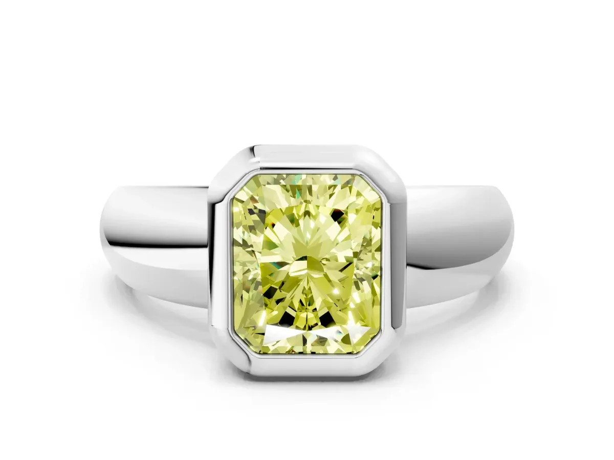 Fancy Yellow Bezel Set Radiant Cut Solitaire Ring with Wide Band Platinum