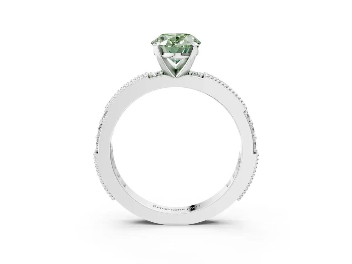 Fancy Green Oval Cut Solitaire with Pavé Band and Four-Prong Setting Platinum