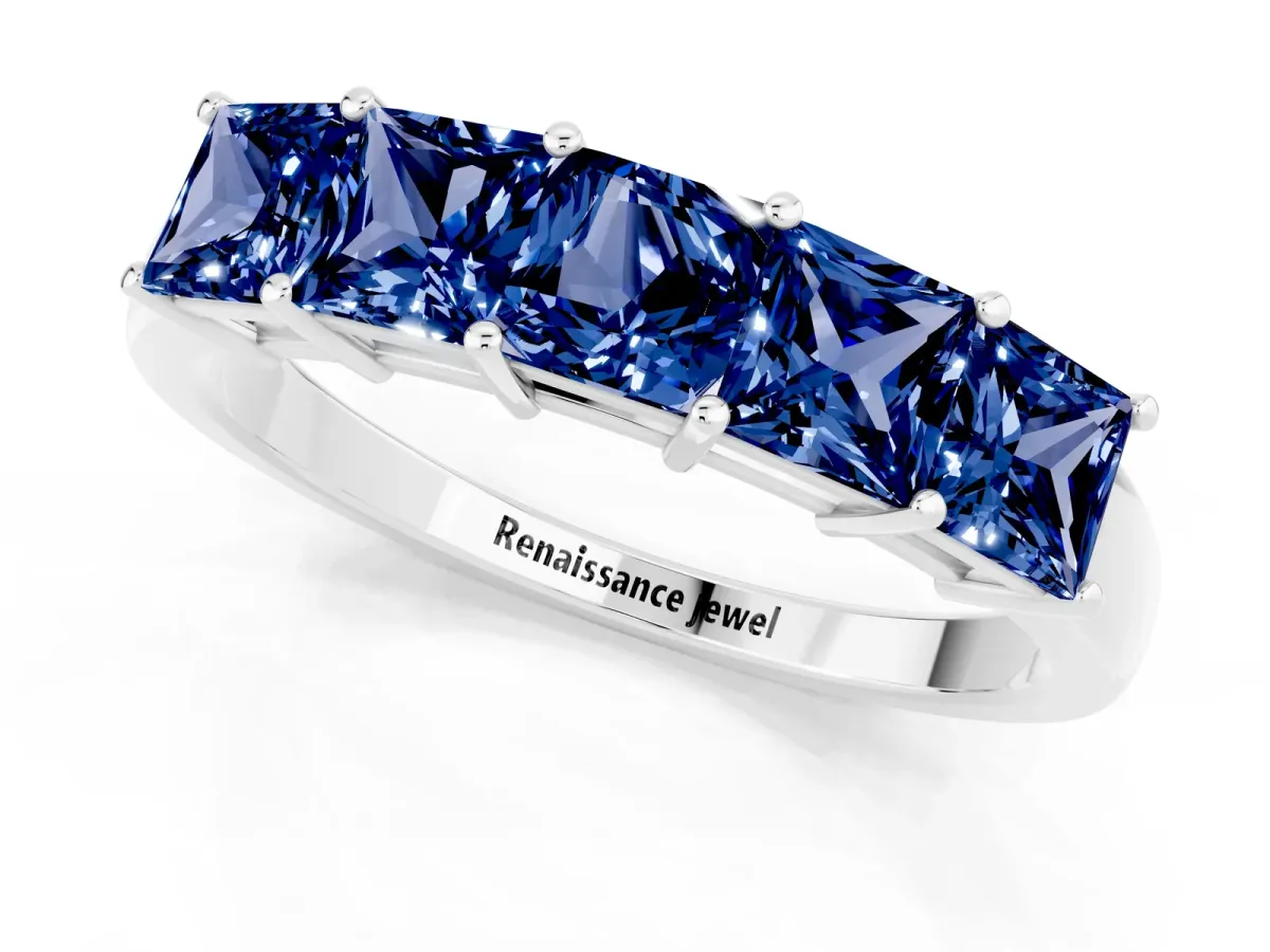 Princess Cut Five-Stone Blue Sapphire Band with Prong Setting Silver