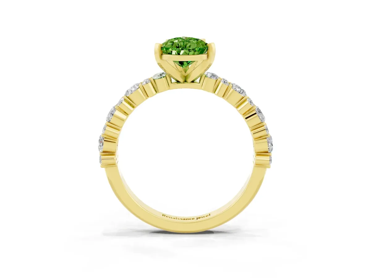 Pear Cut Peridot Side Stone Solitaire Ring with Round and Four-Prong Setting Yellow gold