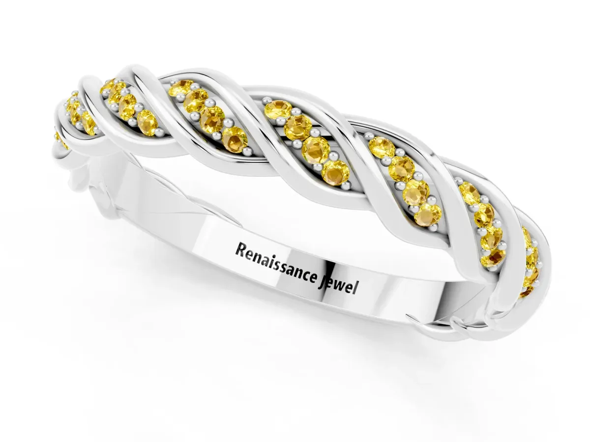 Twisted Pavé Round Yellow Sapphire Eternity Band with Shared Prong Setting White gold