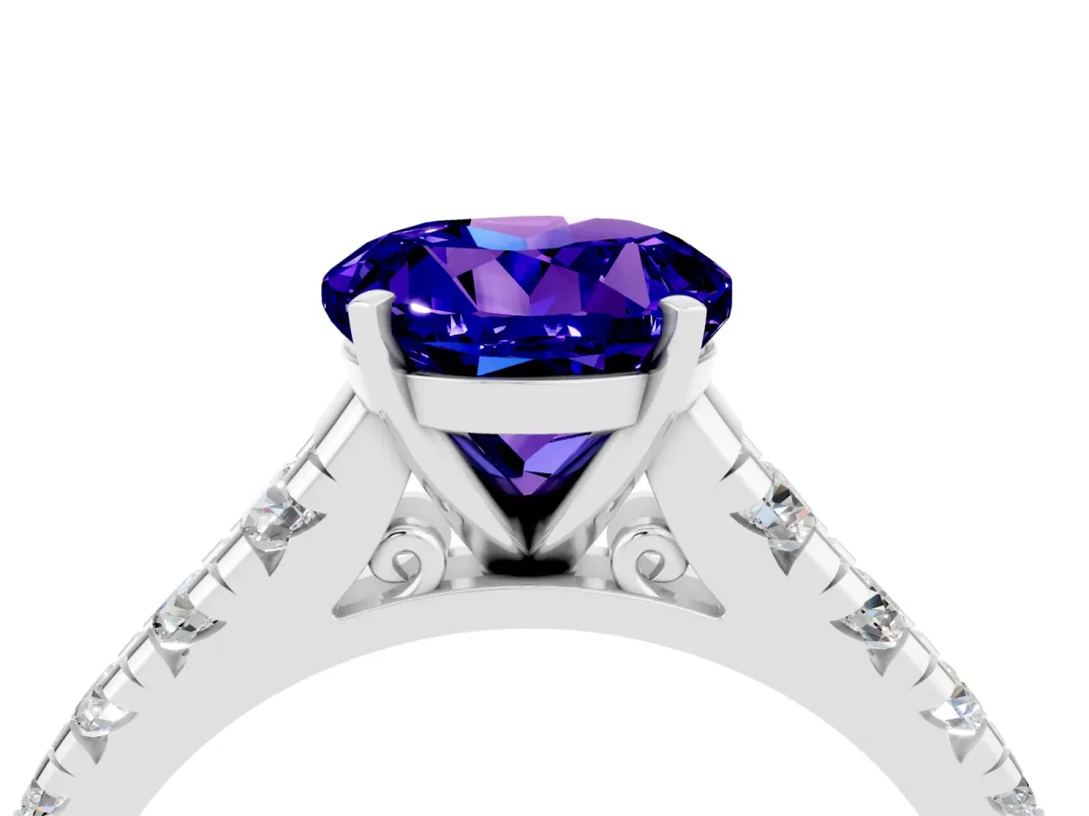 Round Cut Tanzanite Cathedral Solitaire Ring with Round Pavé Band Silver