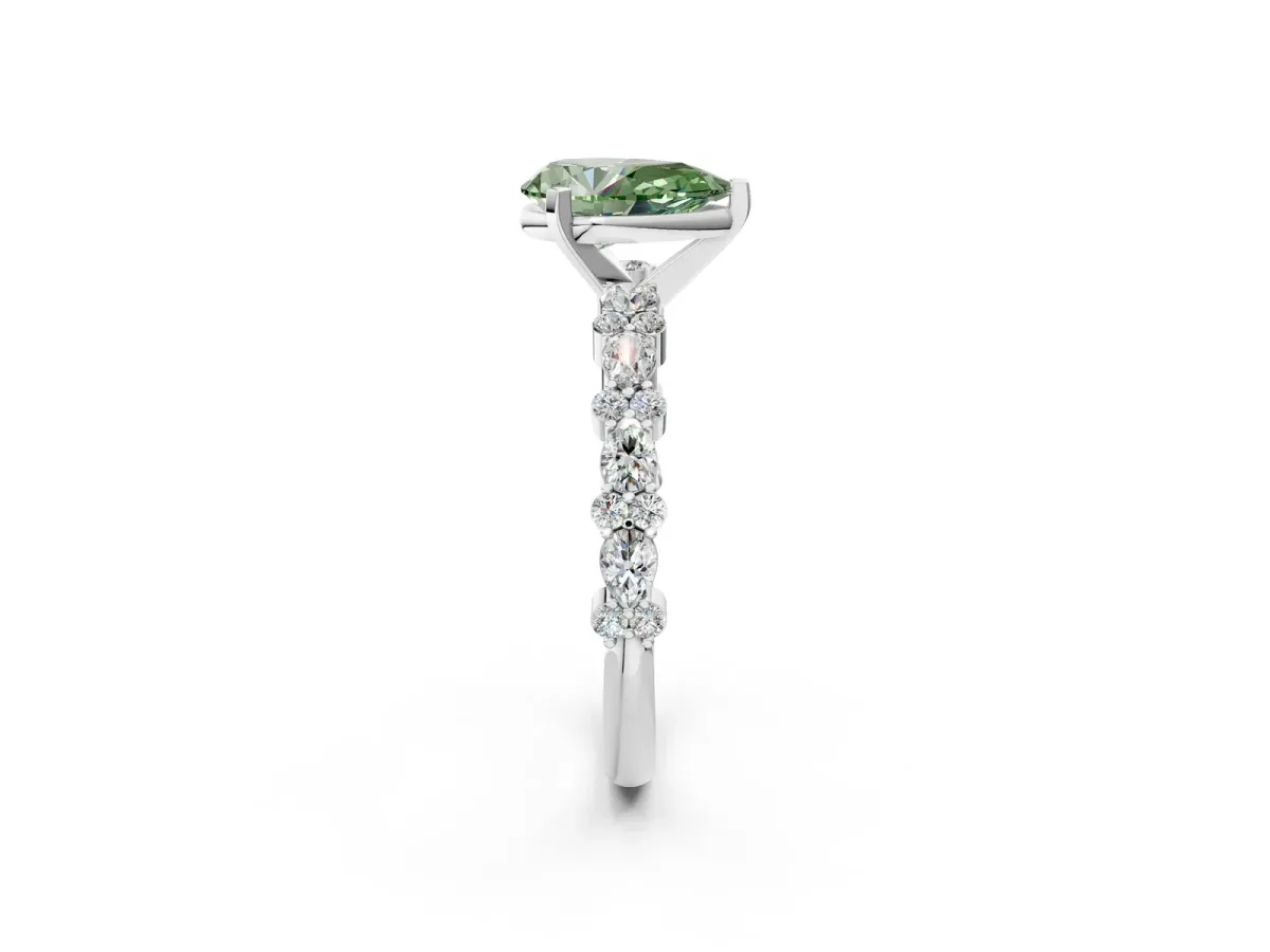 Fancy Green Pear Cut Diamond Side Stone Solitaire Ring with Round and Four-Prong Setting Platinum