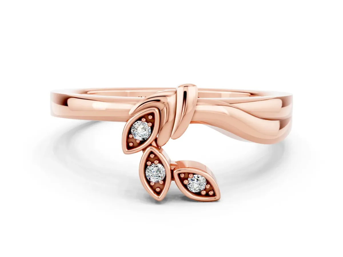 Three-Stone Round Moissanite Leaf Bypass Ring with Bezel Setting Rose gold