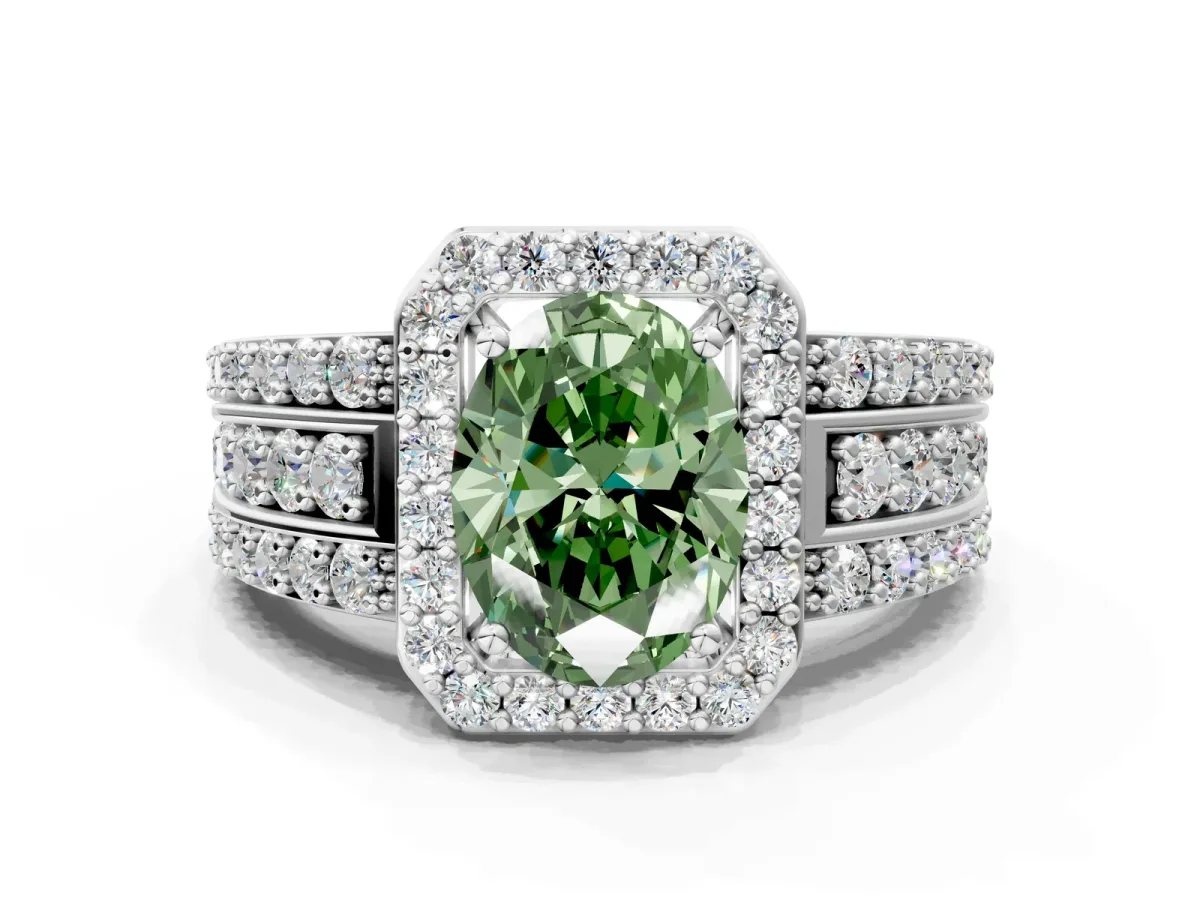Fancy Green Oval Cut Halo Diamond Ring with Round Split Shank and Prong Setting Silver