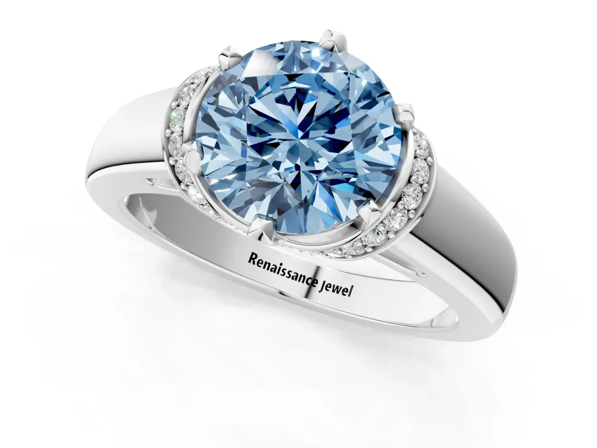 Fancy Blue Round Cut Solitaire Diamond Ring with Pave Band and Six-Prong Setting Silver